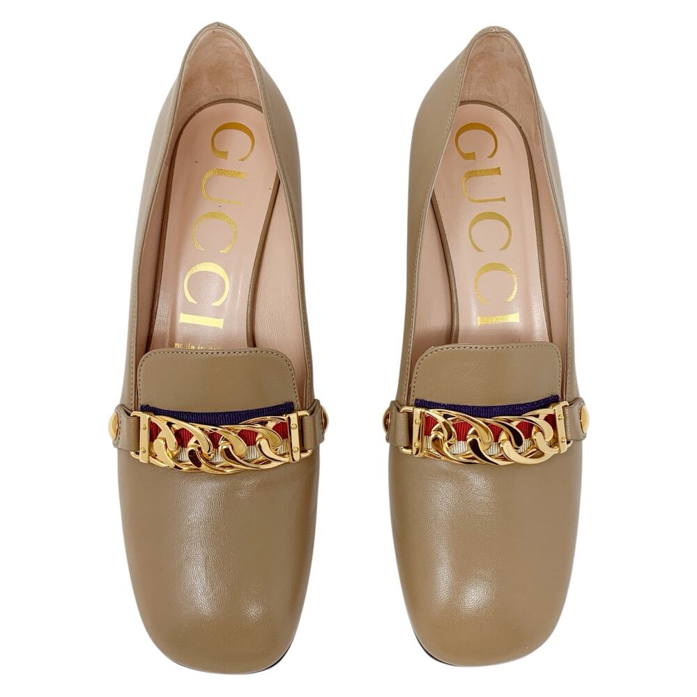 Gucci Sylvie Chain Loafers Beige Leather Block Heel EU 38